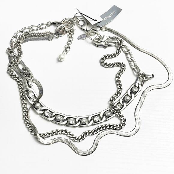 NEW Chico's Pearl & Layered Silver Chain Necklace - Picture 2 of 6